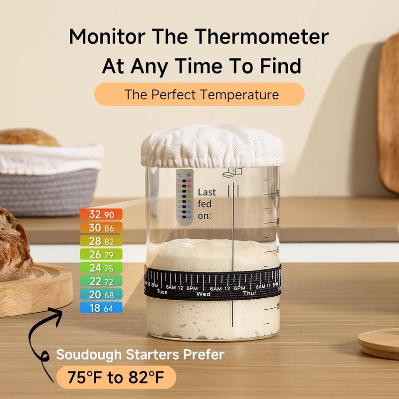 HomeFeel Premium Sourdough Starter Jar - 34 Oz Large Glass Jar with Bamboo Lid, Cloth Cover, Date Tracker, Thermometer and Scraper, Stylish Design and Wide Mouth Starter Kit (2 Pack) - Image 3